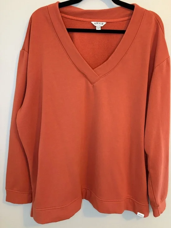 Orvis V-Neck Sweatshirt Orange Soft Pullover Women’s XXL - Picture 1 of 6